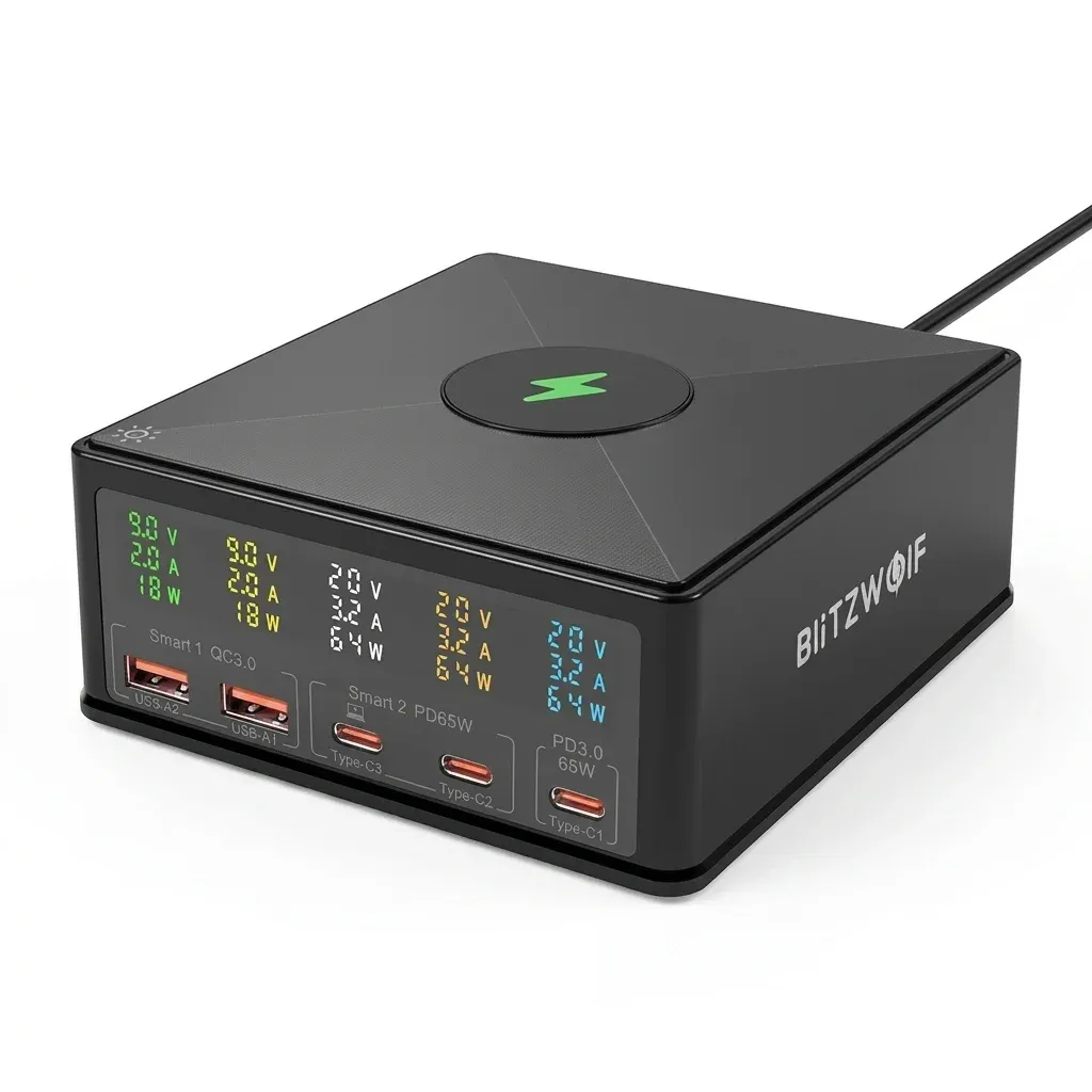 מטען שולחני BlitzWolf 160W עם 5 יציאות וטעינת PD מהירה