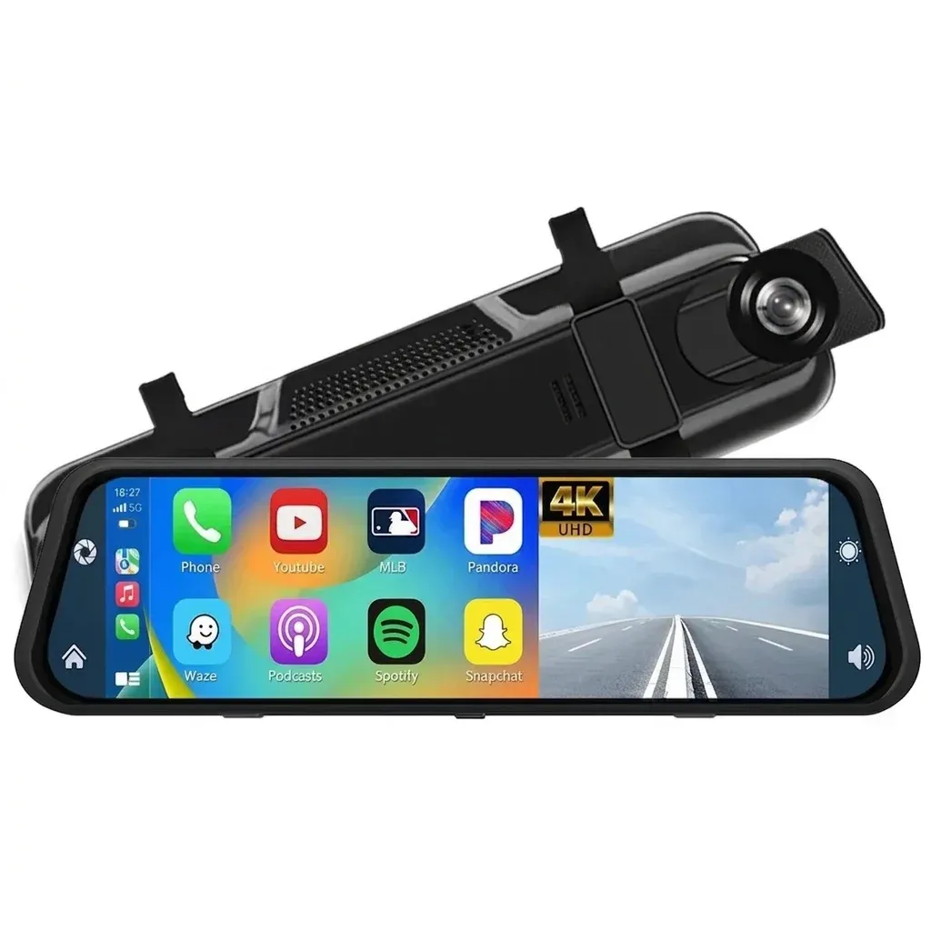 מראת דרך חכמה 10 אינץ׳ עם מצלמה כפולה, 4K, GPS ו‑Wi‑Fi